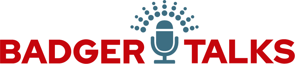 Badger Talks logo in red font with blue microphone in between the words.