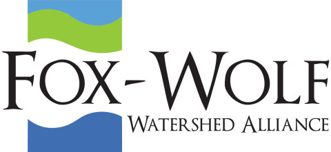 Blue and green logo. Reads Fox_wolf Watershed Alliance