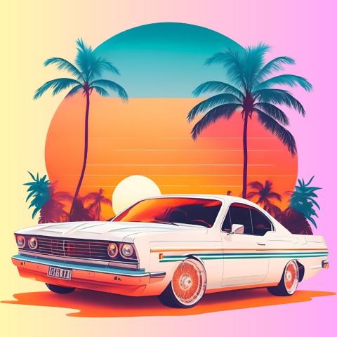 A colorful graphic of a classic car against a sunset backdrop.