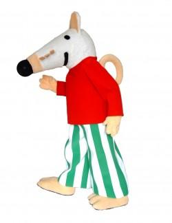 Book character Maisy is dressed in a red shirt and green and white striped pants.