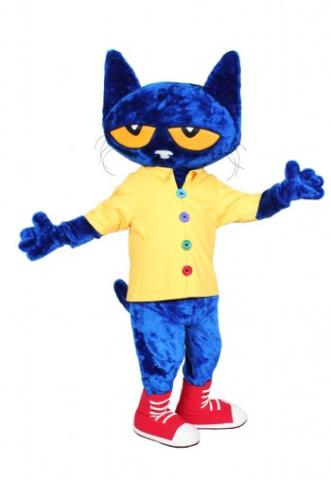 A blue cat dressed in a yellow button up shirt.