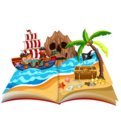 A pirate ship is popping out of a book.
