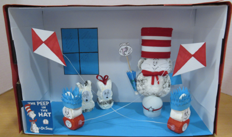 A diorama depicting a scene from The Cat in the Hat with the characters made out of Peeps candy.