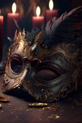 A masquerade mask with three candles in the background