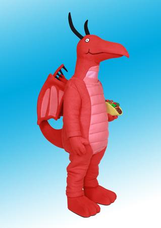 A red dragon holding a taco on a blue background.