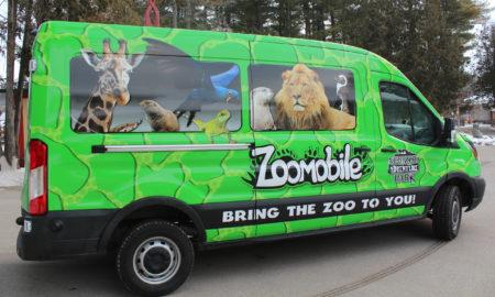 A green van with the words Zoomobile on the side.