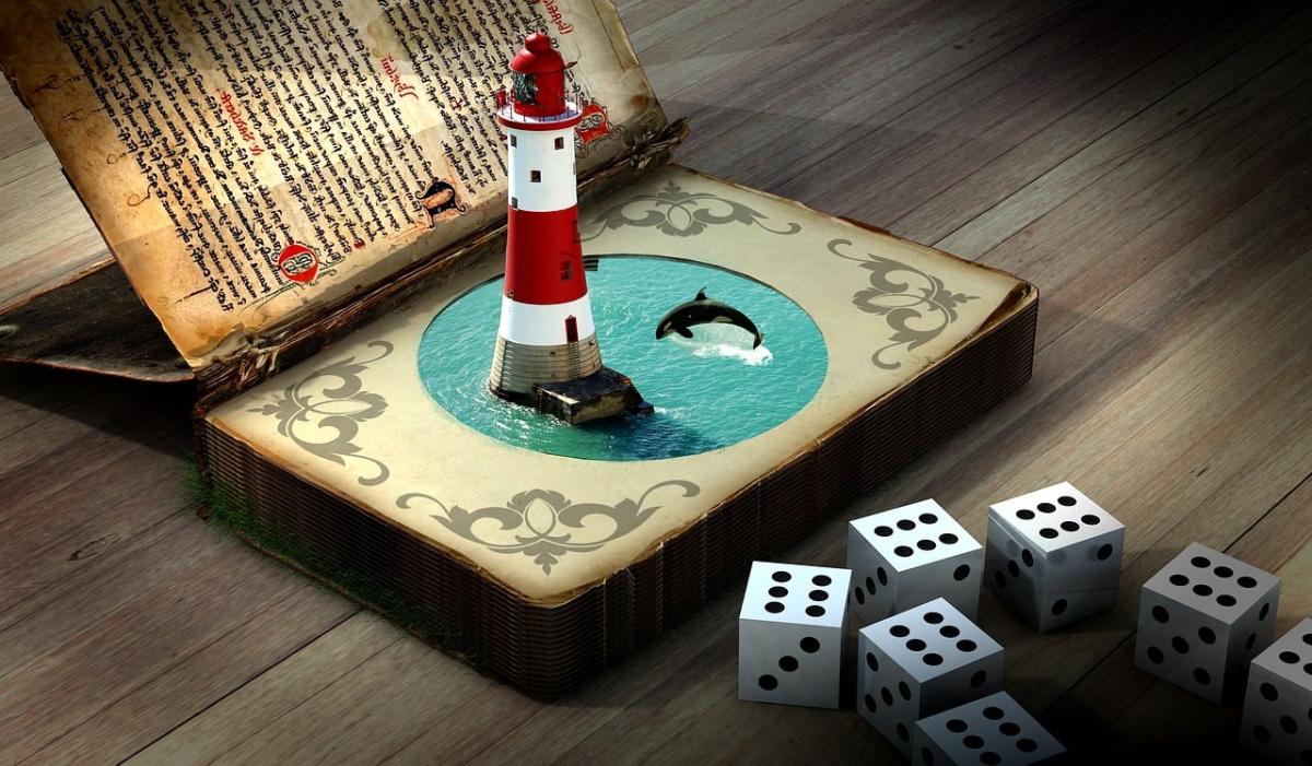 Lighthouse Scene Popping Out of Book Next to Dice