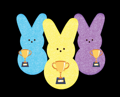 3 cartoon Peeps marshmallow bunnies (one blue, one yellow, one purple), each holding a trophy