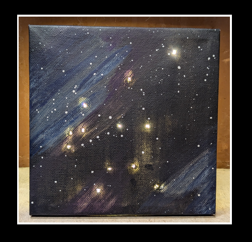 A painting of the night sky with LED lights illuminating the constellation Aquarius.